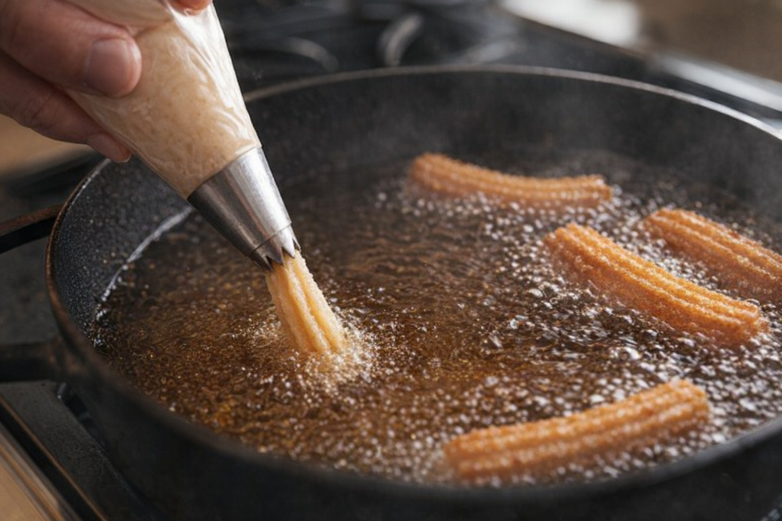 An action shot of churro dough being piped from a star-tipped piping bag into a pot of hot oil, with golden brown churros already frying in the background